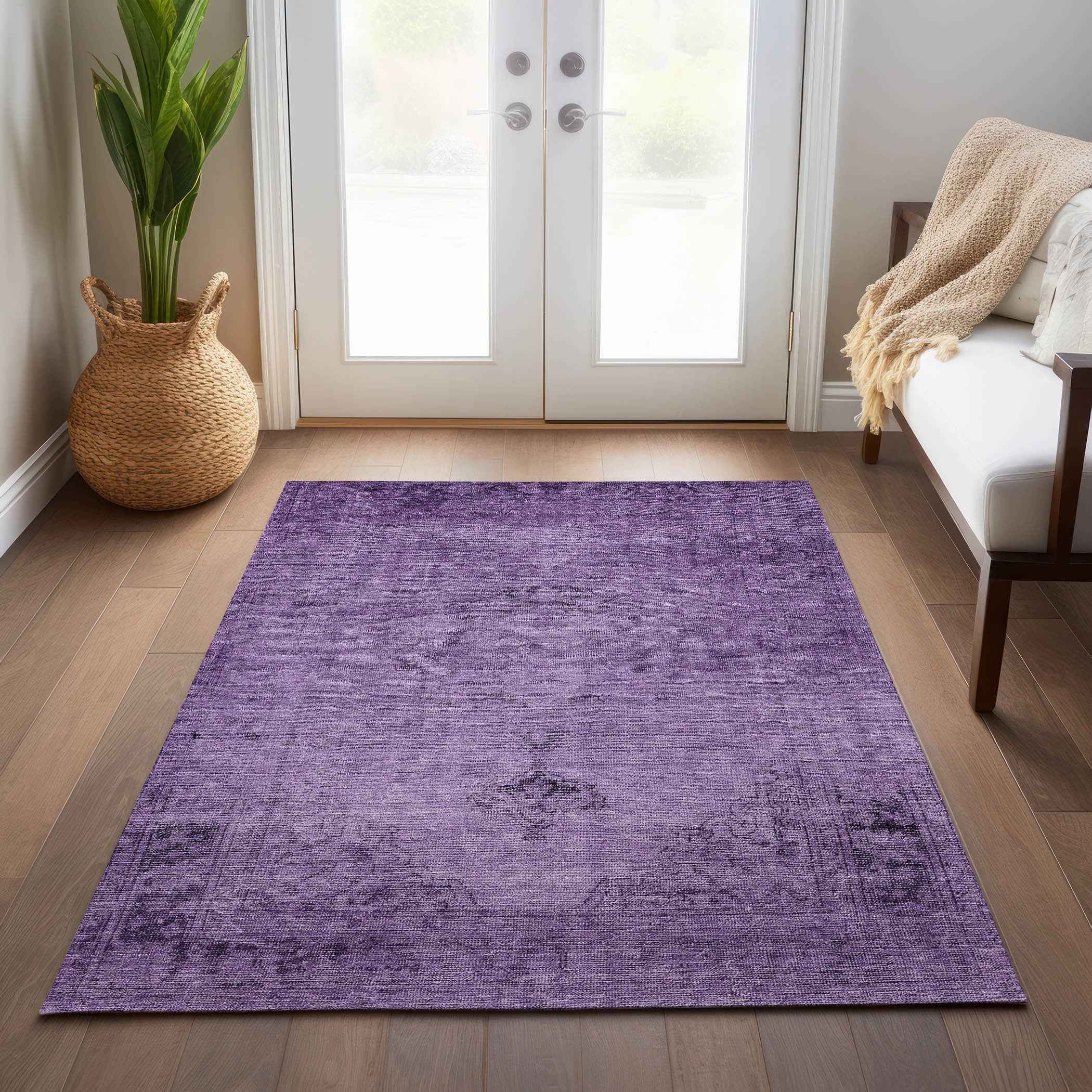 10' X 14' Purple Eggplant And Lavender Oriental Washable Indoor Outdoor Area Rug