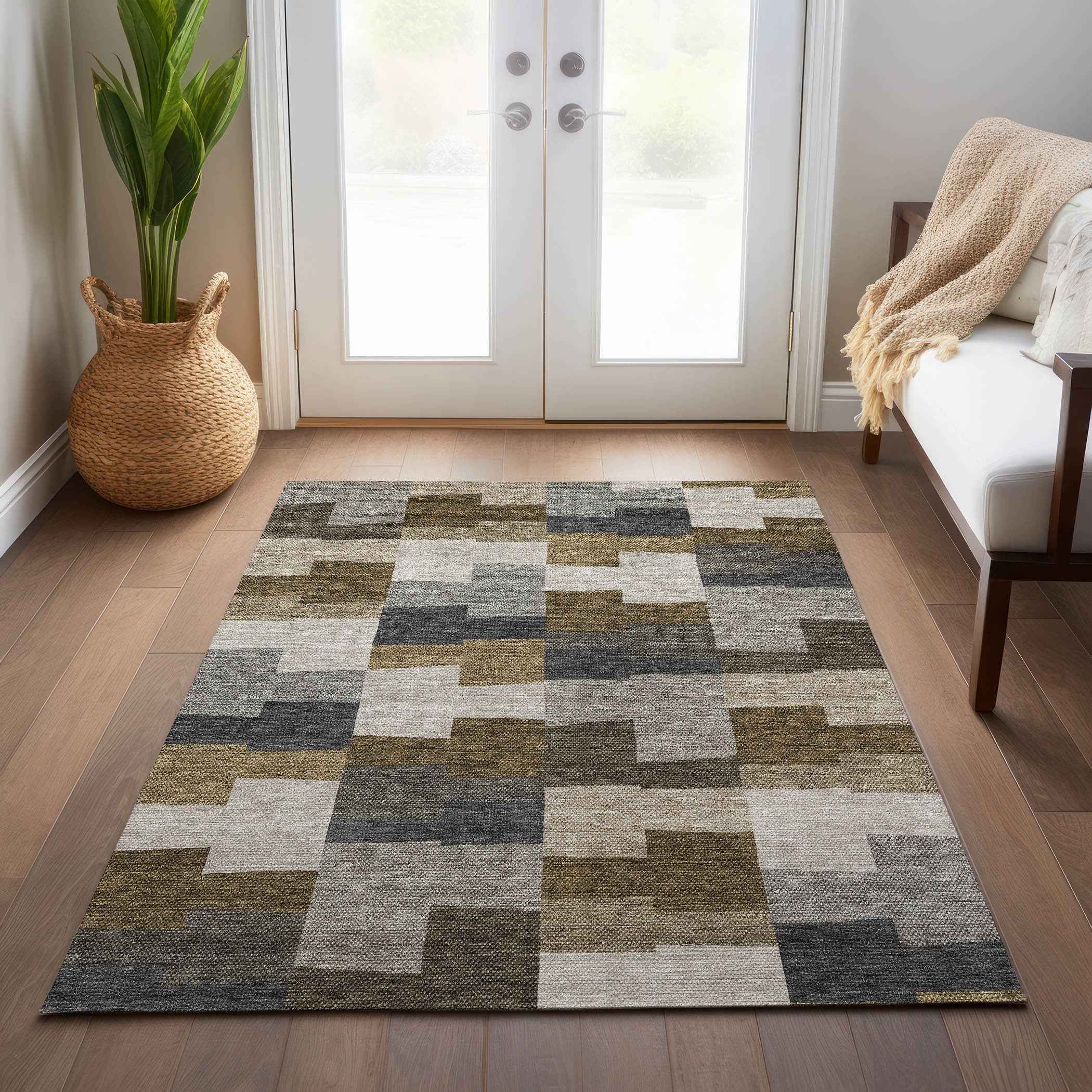 9' X 12' Brown Beige And Ivory Geometric Washable Indoor Outdoor Area Rug