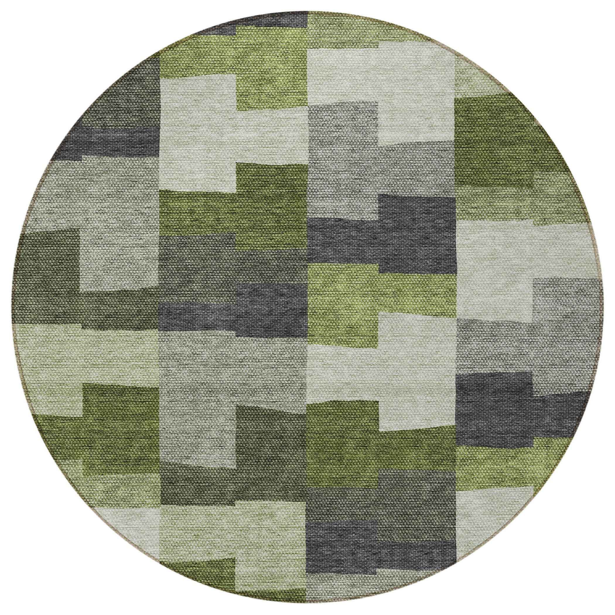8' Olive Green And Artichoke Green Round Geometric Washable Indoor Outdoor Area Rug
