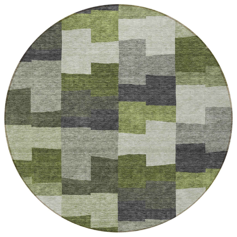 8' Olive Green And Artichoke Green Round Geometric Washable Indoor Outdoor Area Rug