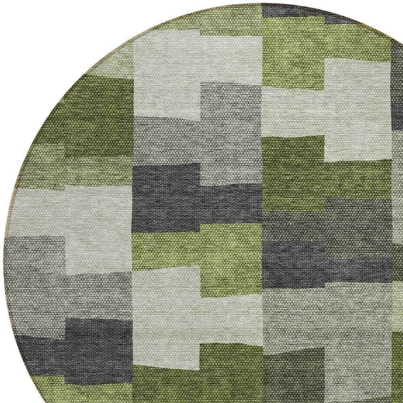 8' Olive Green And Artichoke Green Round Geometric Washable Indoor Outdoor Area Rug