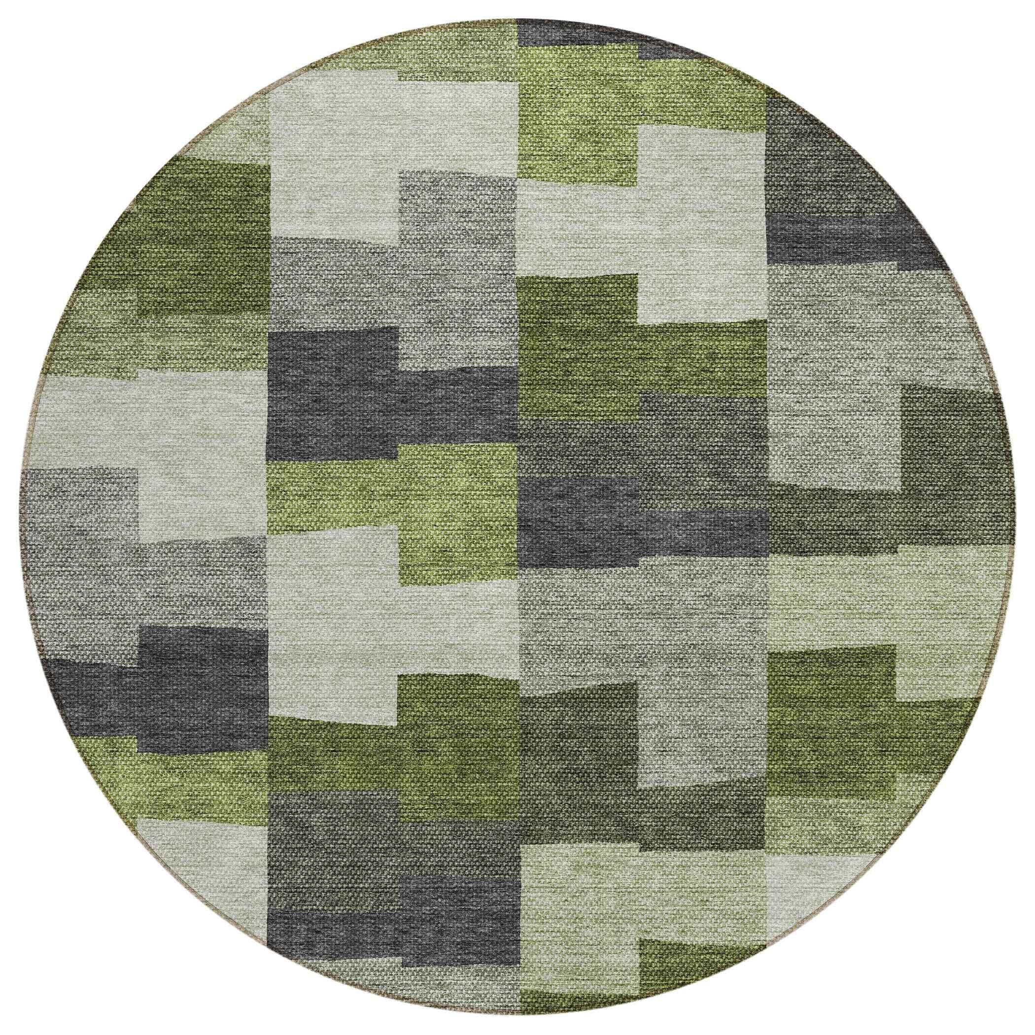 8' Olive Green And Artichoke Green Round Geometric Washable Indoor Outdoor Area Rug