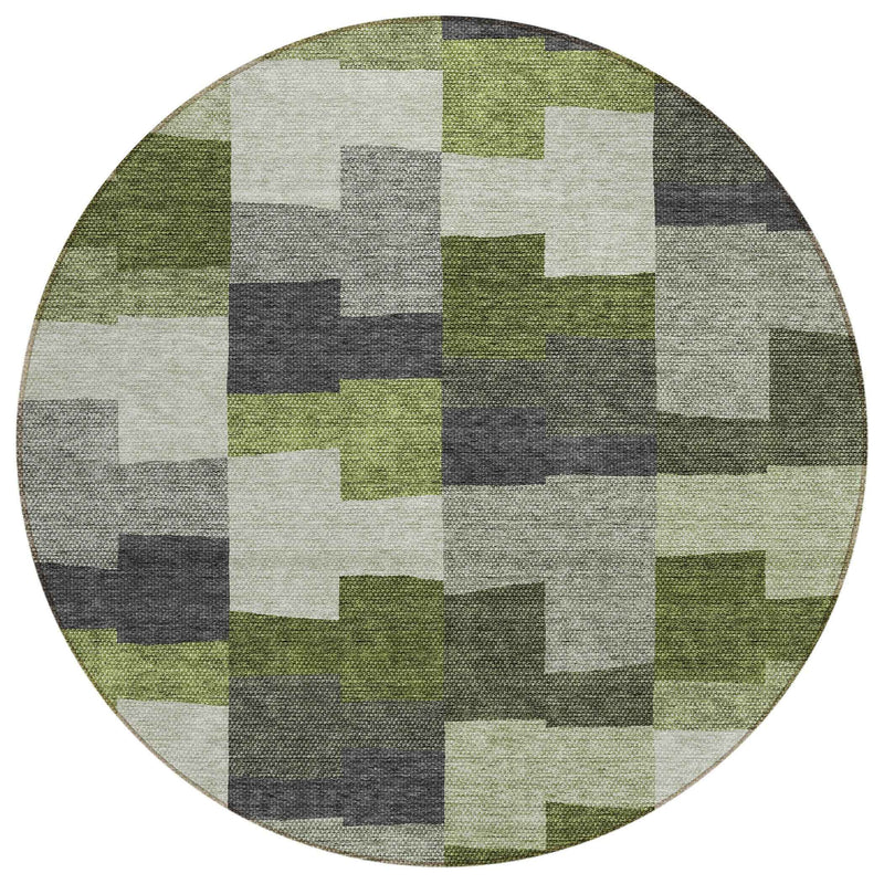 8' Olive Green And Artichoke Green Round Geometric Washable Indoor Outdoor Area Rug