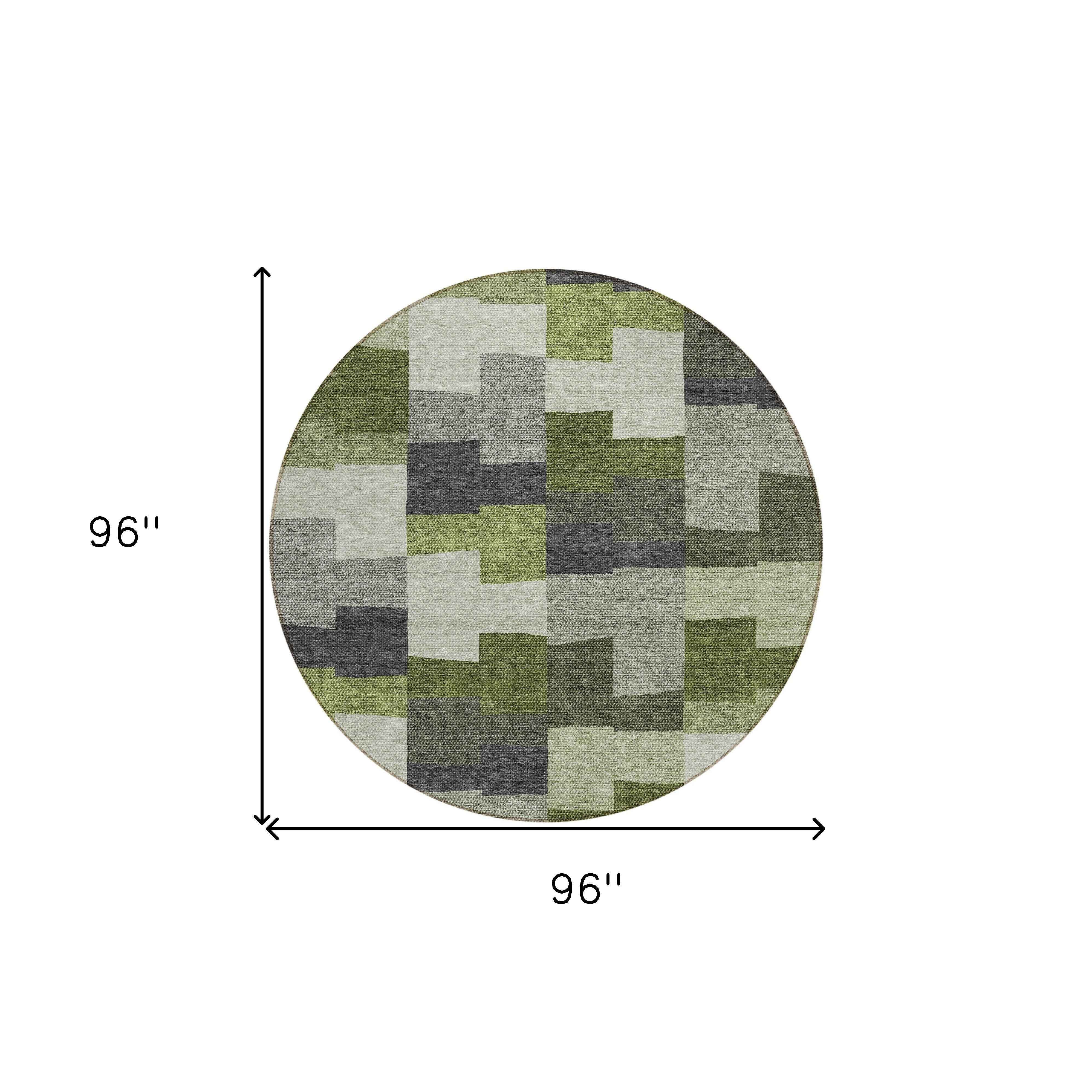 8' Olive Green And Artichoke Green Round Geometric Washable Indoor Outdoor Area Rug