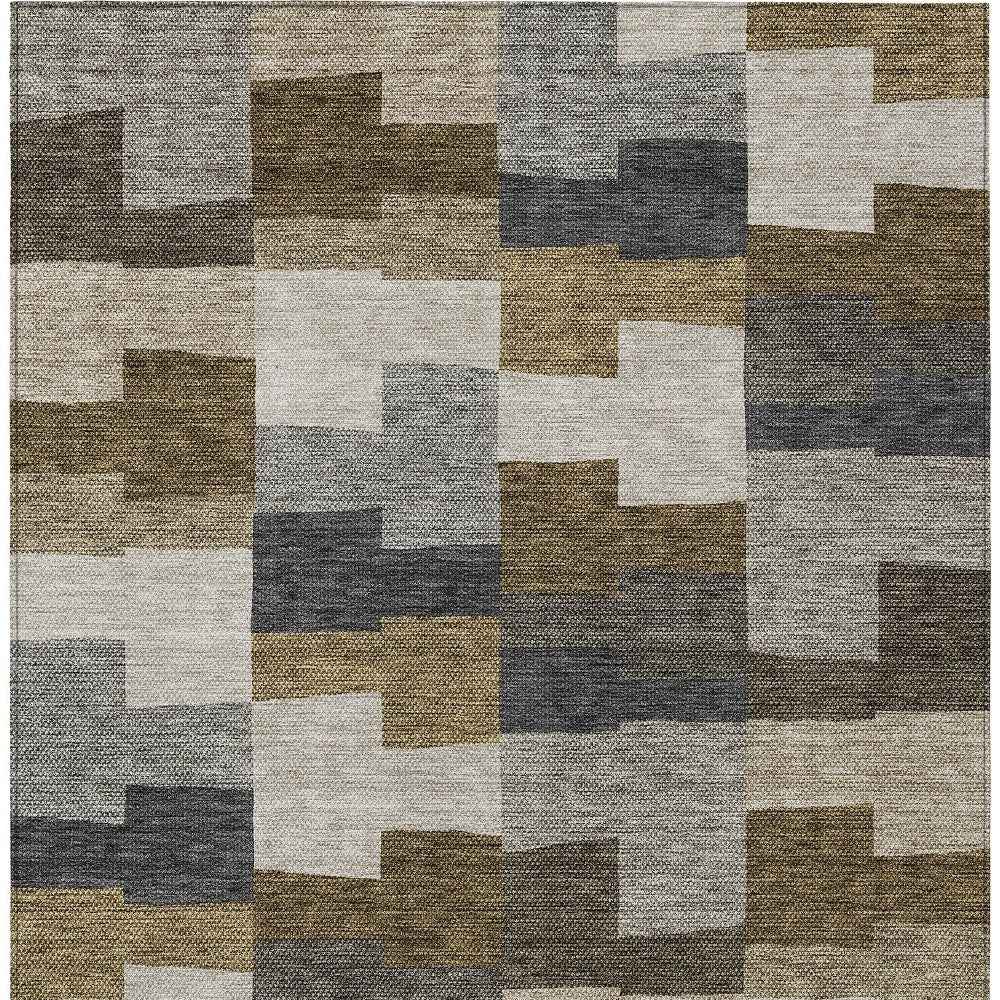9' X 12' Brown Beige And Ivory Geometric Washable Indoor Outdoor Area Rug