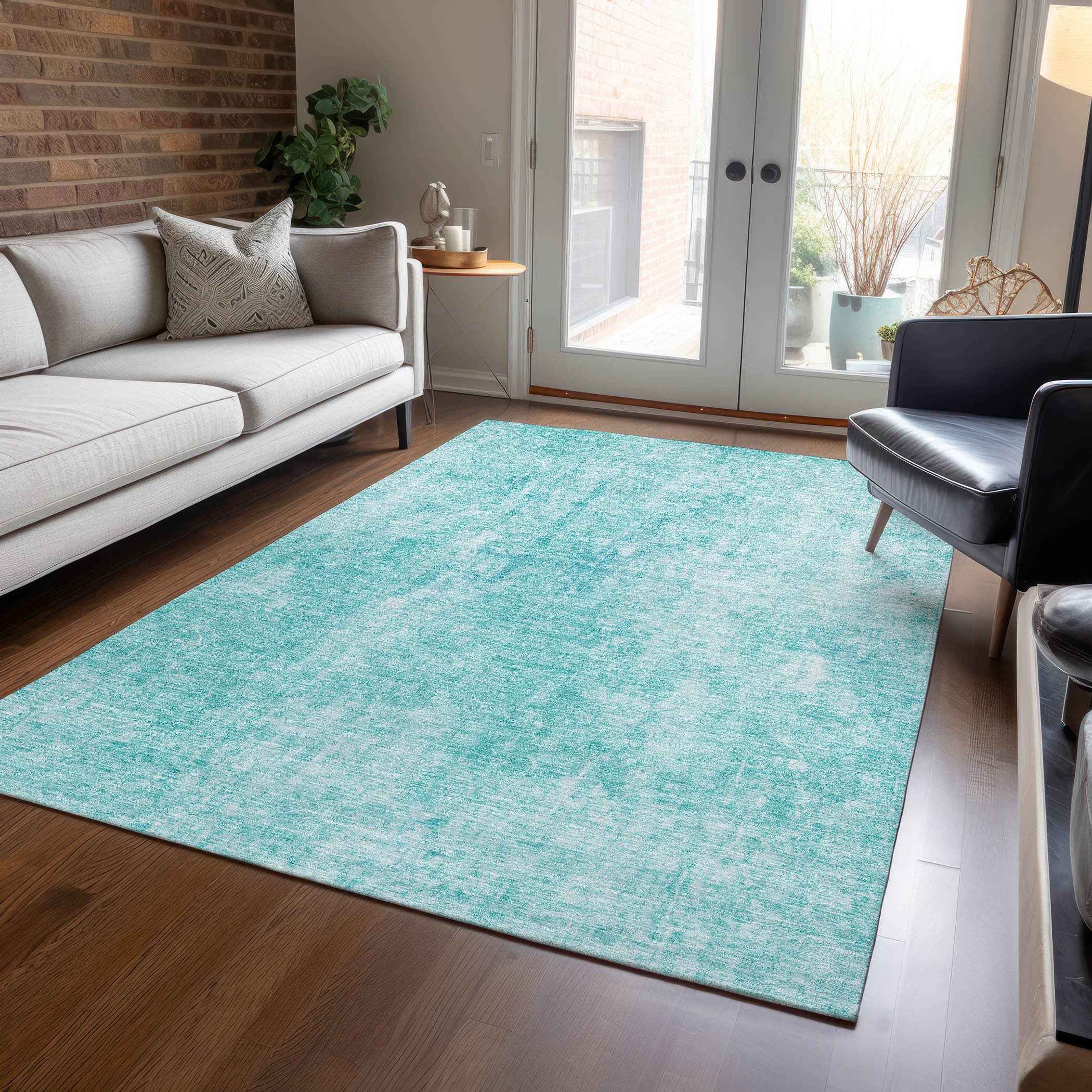 5' X 8' Teal Blue And Ivory Abstract Washable Indoor Outdoor Area Rug