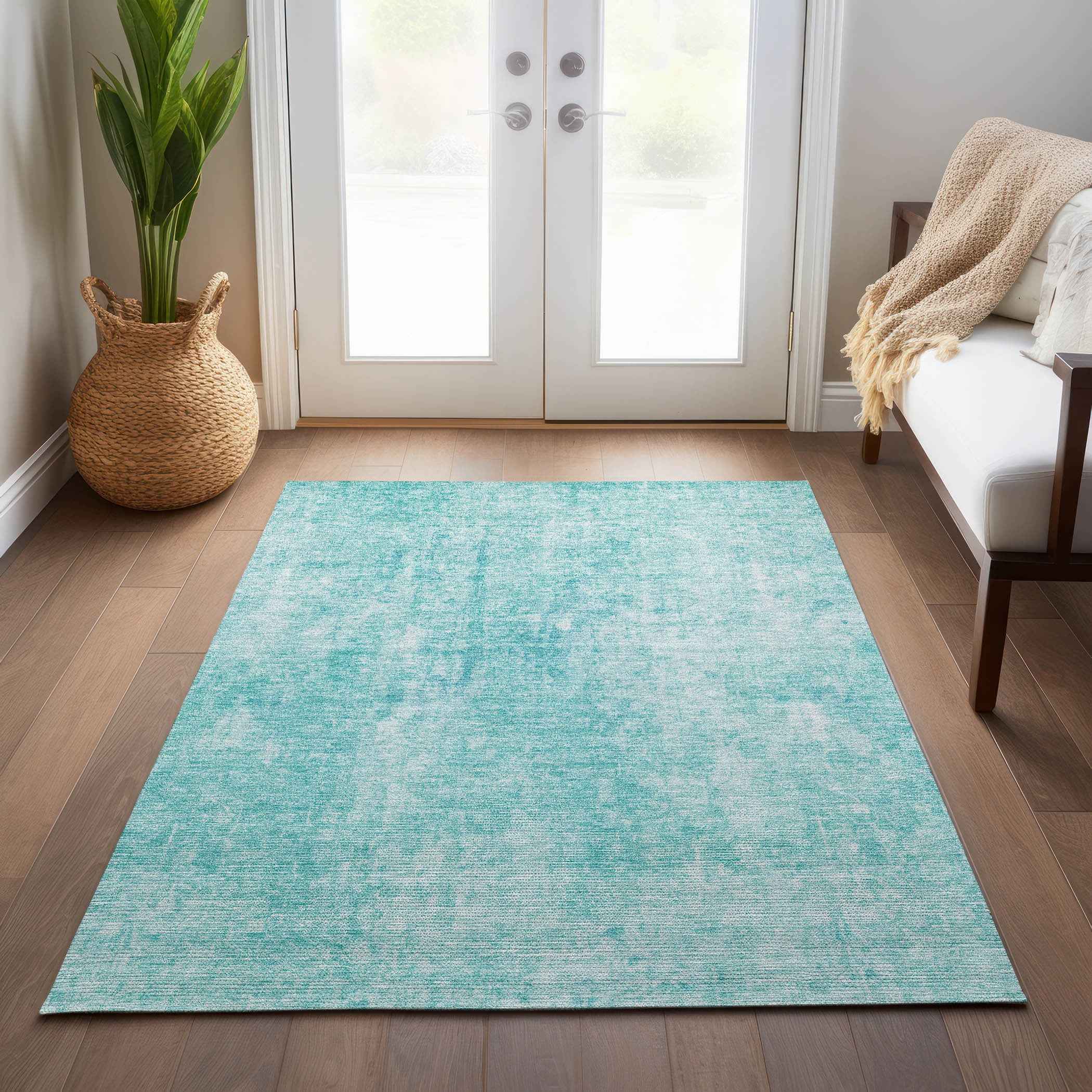 5' X 8' Teal Blue And Ivory Abstract Washable Indoor Outdoor Area Rug