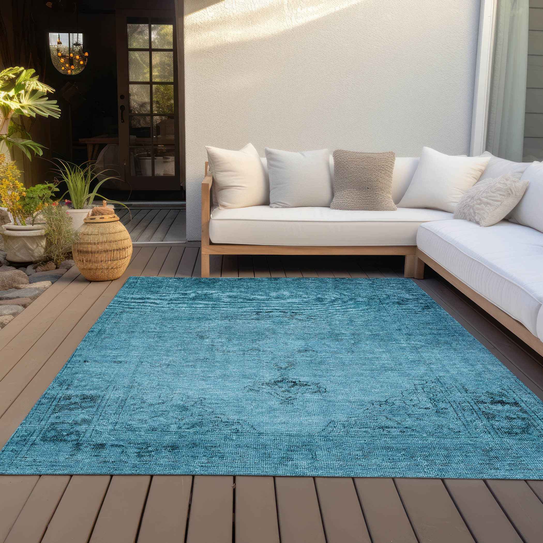 8' X 10' Denim Blue And Navy Blue Oriental Washable Indoor Outdoor Area Rug