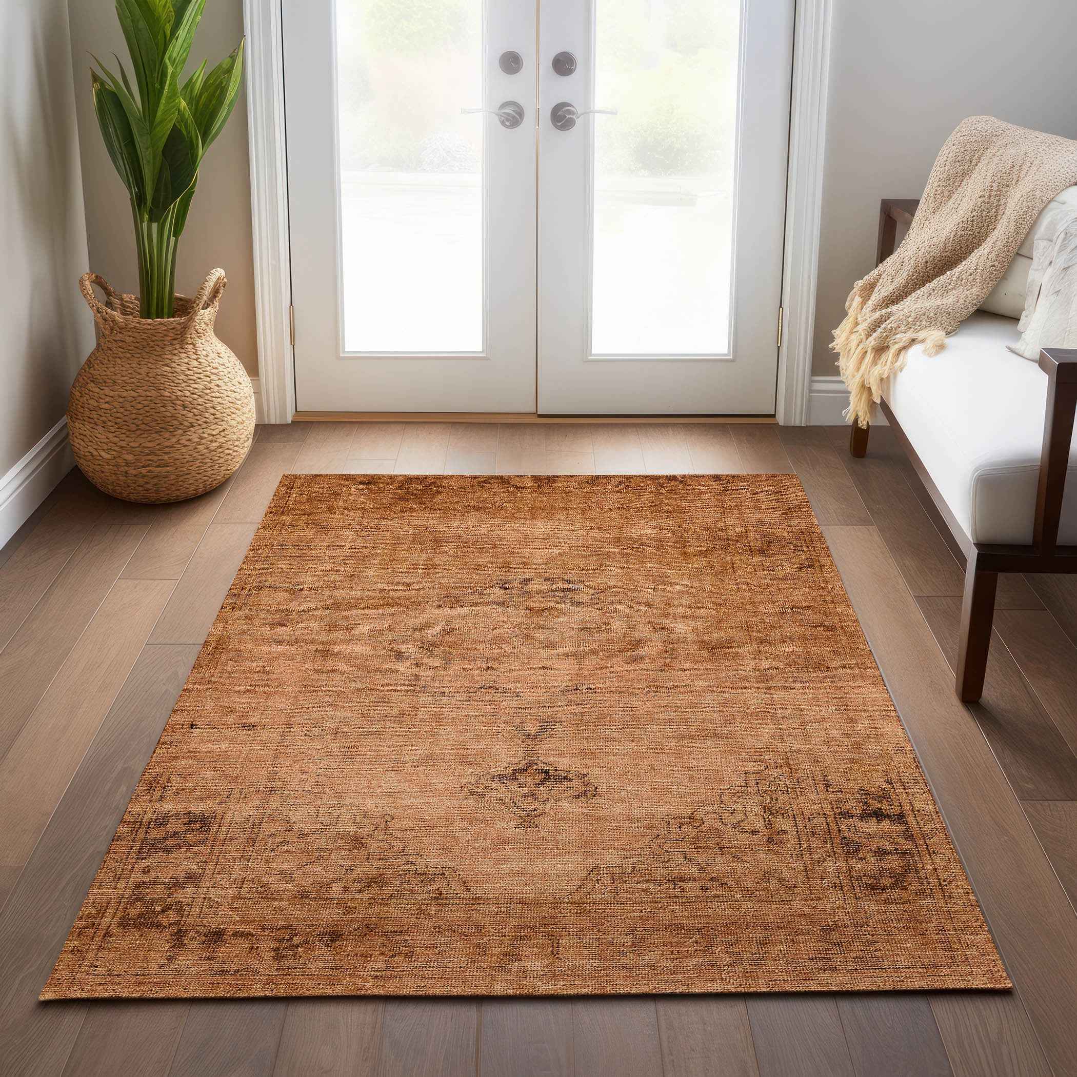 8' X 10' Copper Orange And Brown Oriental Washable Indoor Outdoor Area Rug