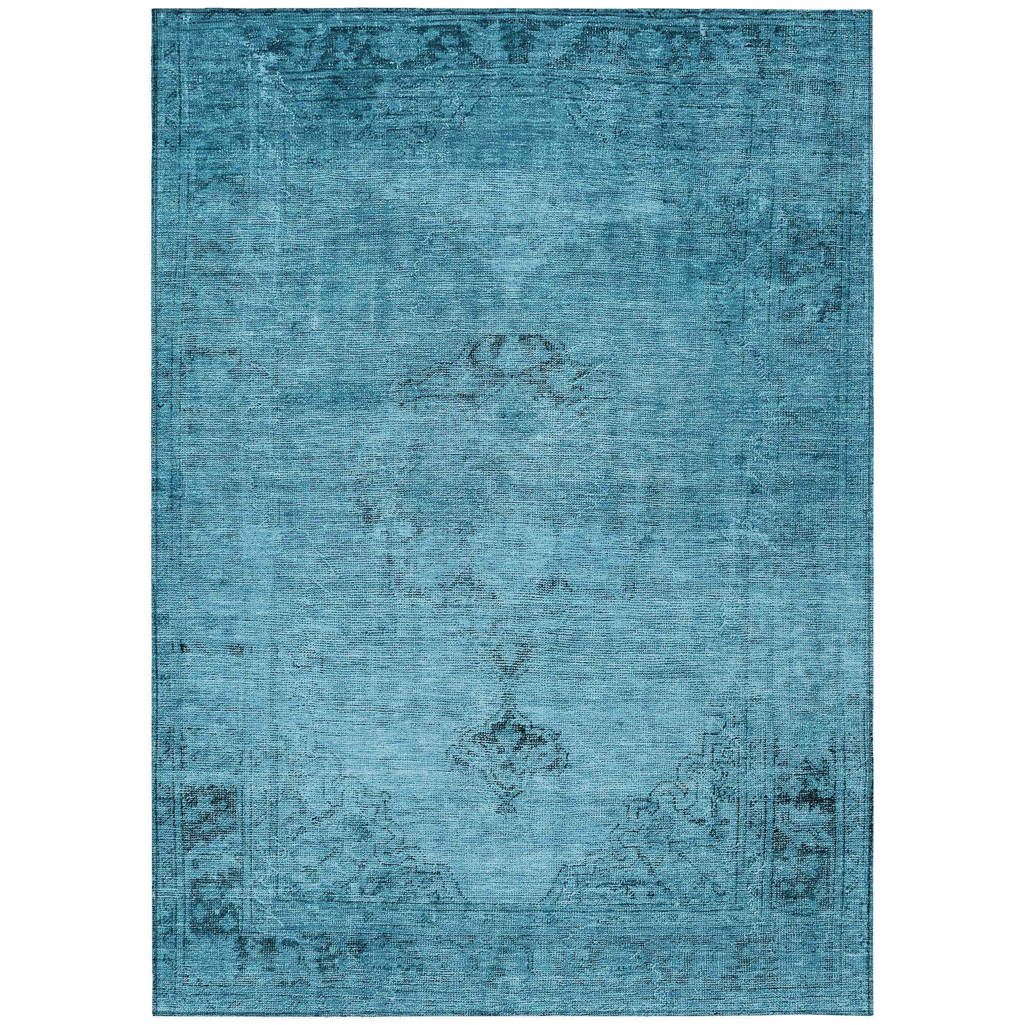 10' X 14' Denim Blue And Navy Blue Oriental Washable Indoor Outdoor Area Rug