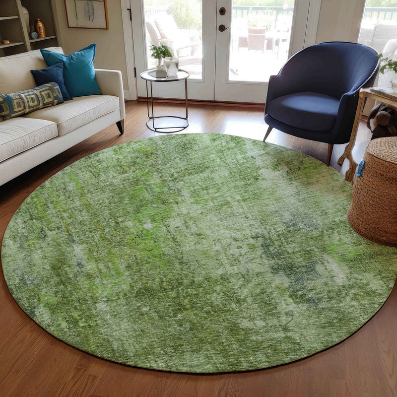 8' Olive Green And Artichoke Green Round Abstract Washable Indoor Outdoor Area Rug