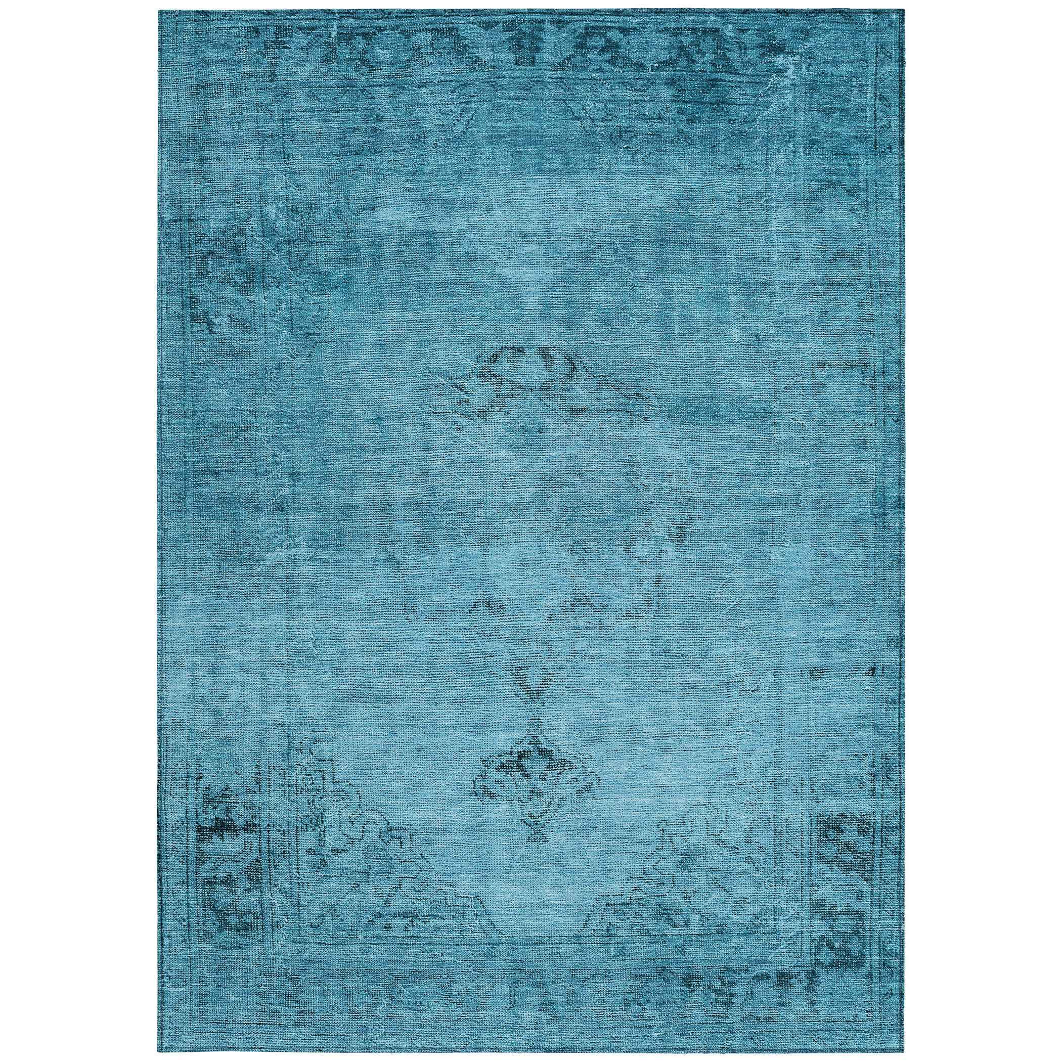 10' X 14' Denim Blue And Navy Blue Oriental Washable Indoor Outdoor Area Rug
