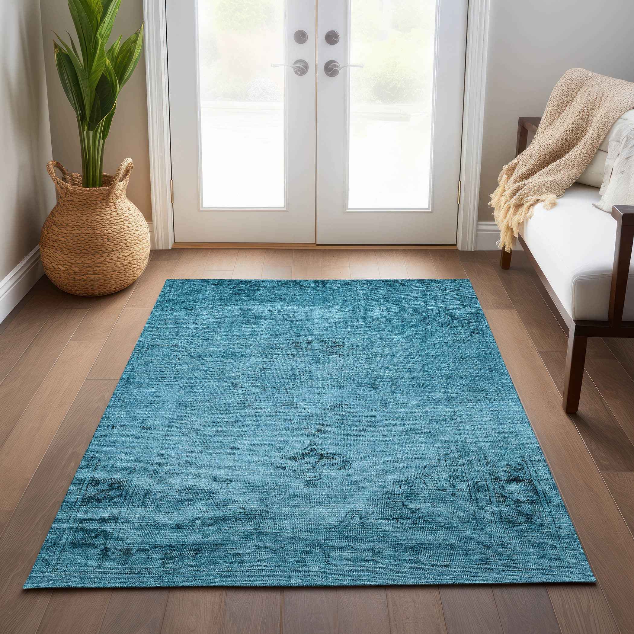 10' X 14' Denim Blue And Navy Blue Oriental Washable Indoor Outdoor Area Rug