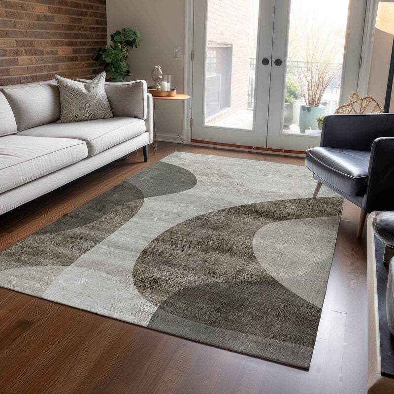 8' X 10' Taupe Beige And Chocolate Abstract Washable Indoor Outdoor Area Rug
