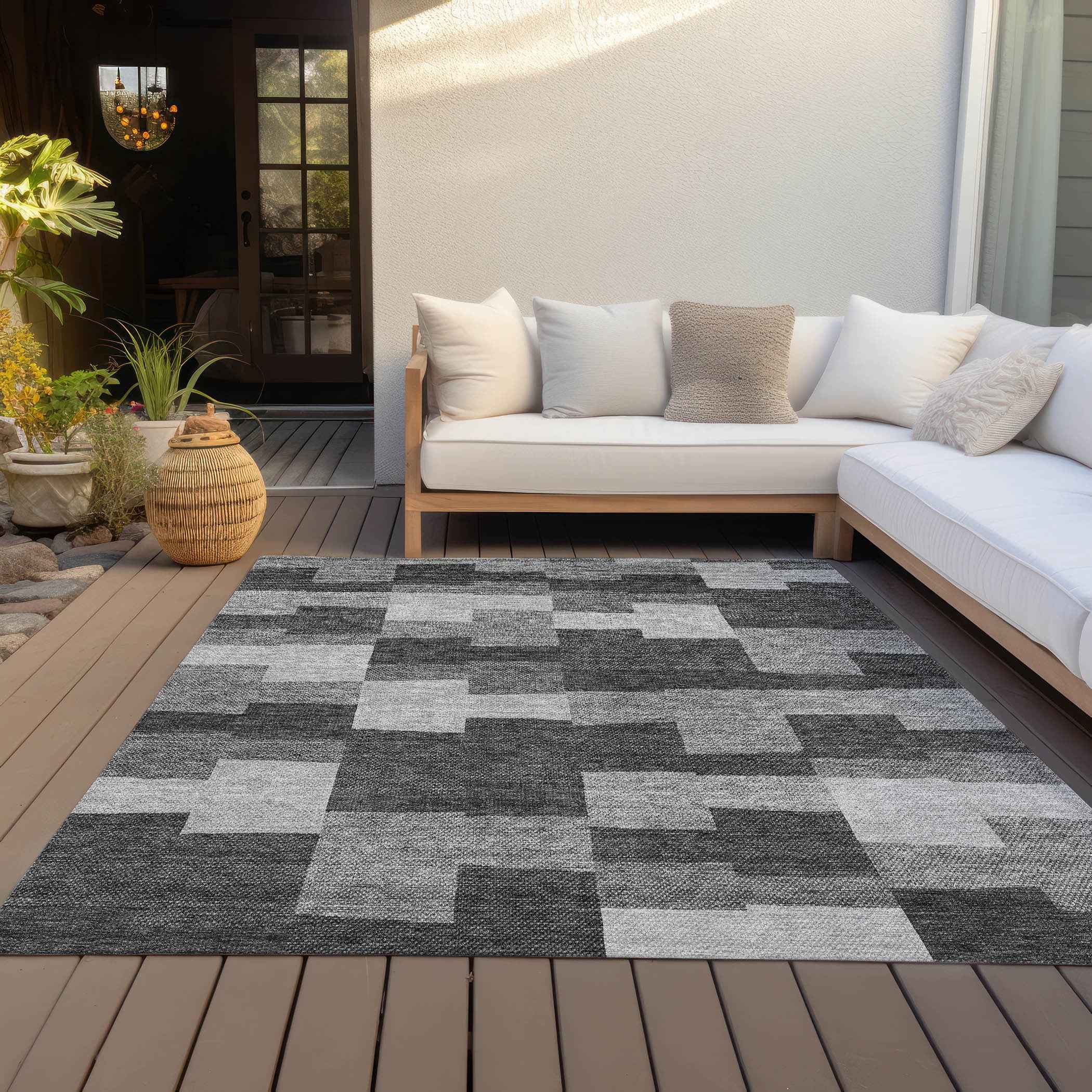8' X 10' Gray Silver And Charcoal Geometric Washable Indoor Outdoor Area Rug