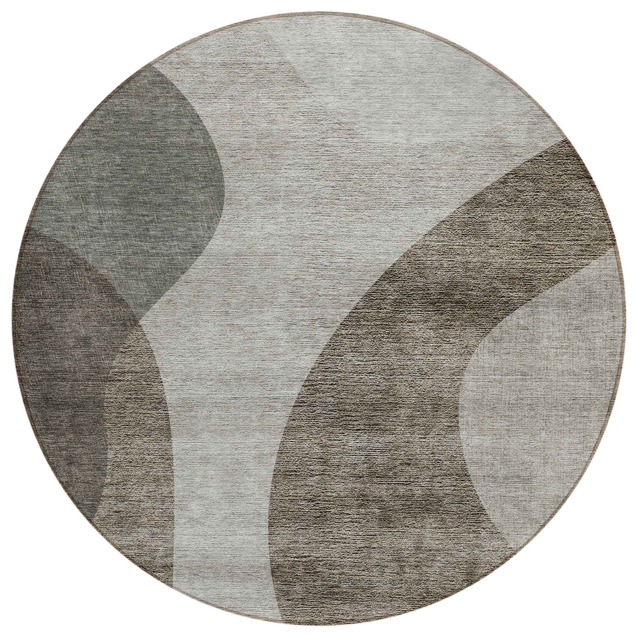 8' Taupe Beige And Chocolate Round Abstract Washable Indoor Outdoor Area Rug