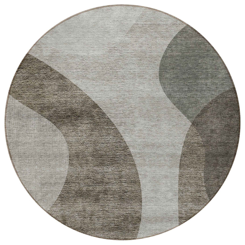 8' Taupe Beige And Chocolate Round Abstract Washable Indoor Outdoor Area Rug