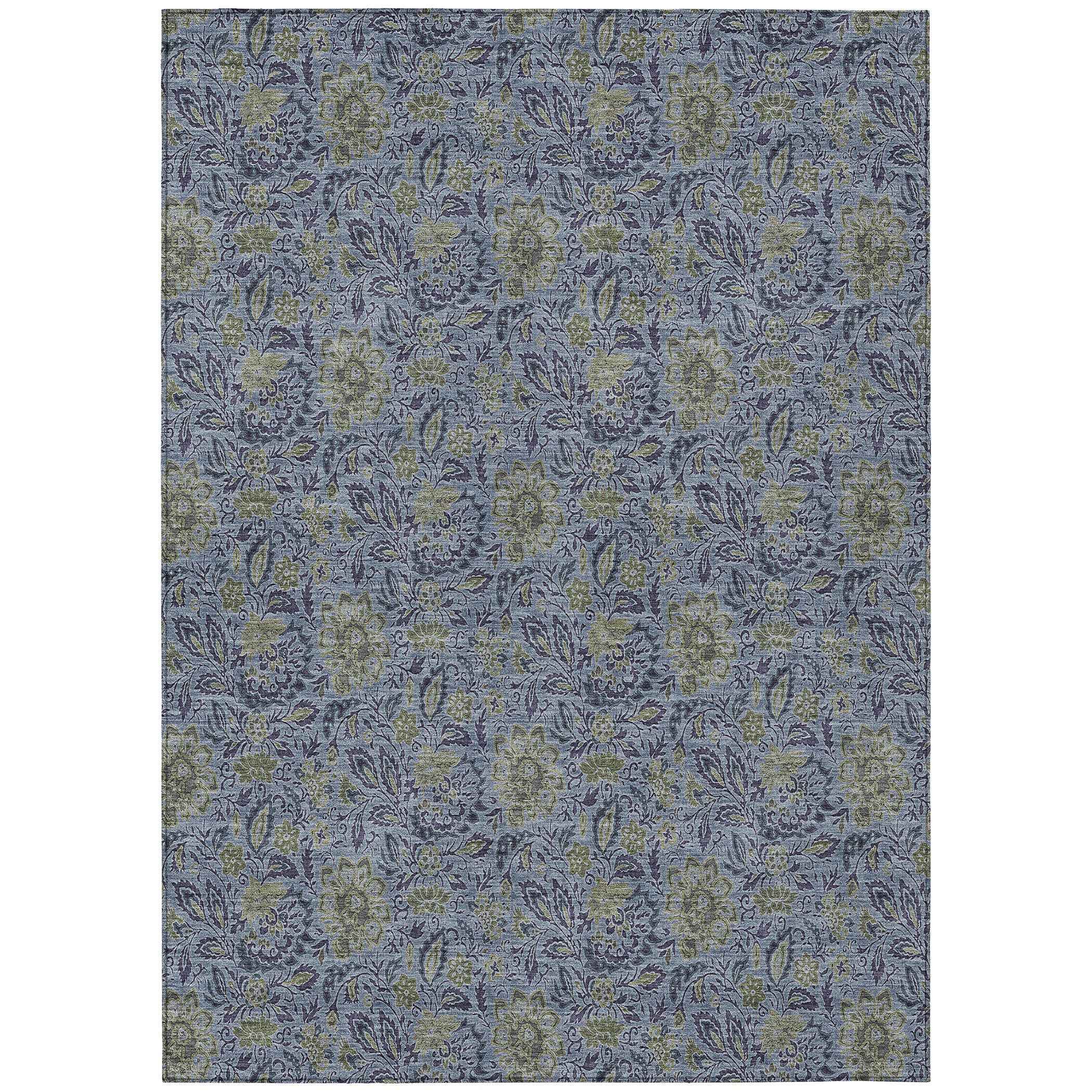 3' X 5' Denim Blue Navy Blue And Gray Floral Washable Indoor Outdoor Area Rug