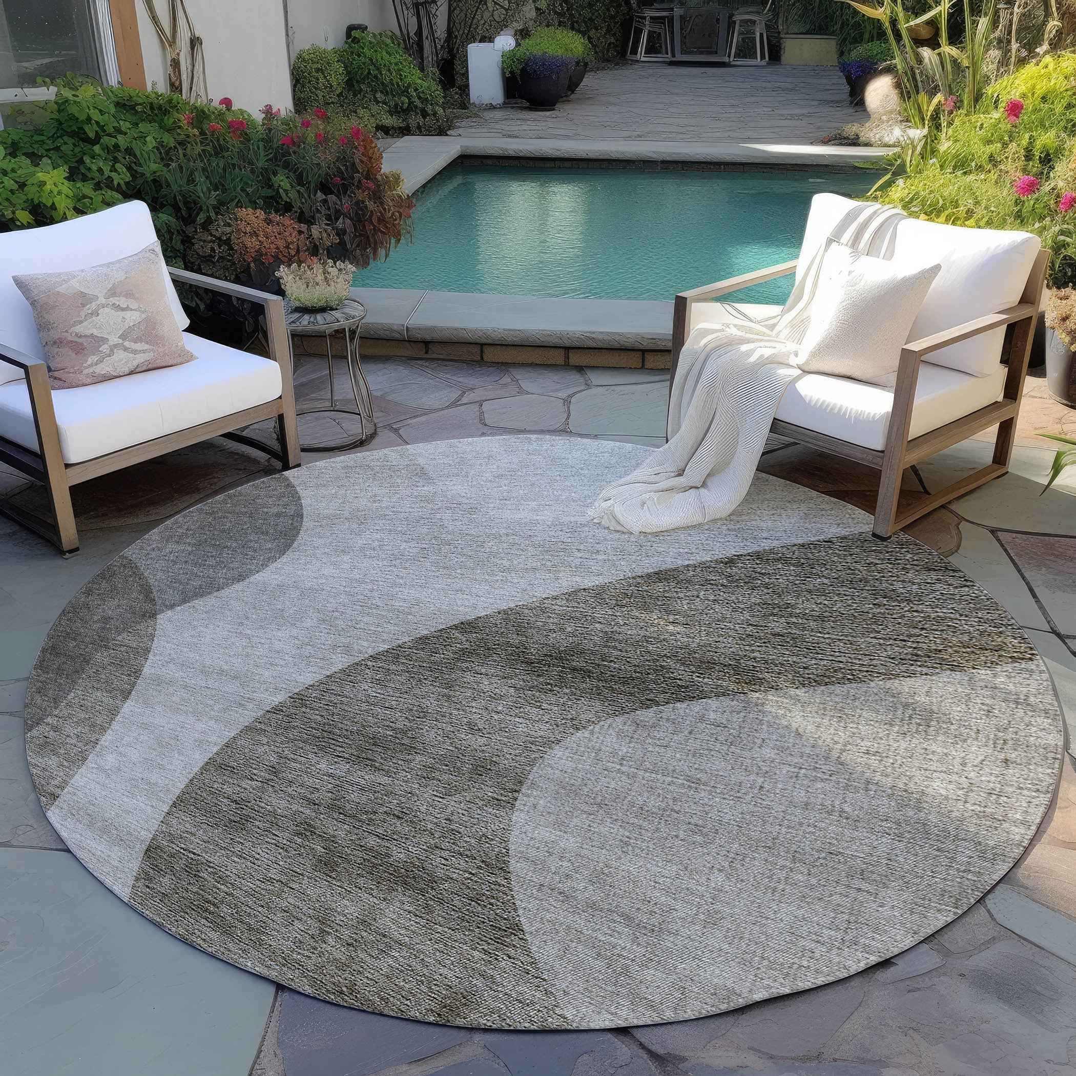 8' Taupe Beige And Chocolate Round Abstract Washable Indoor Outdoor Area Rug