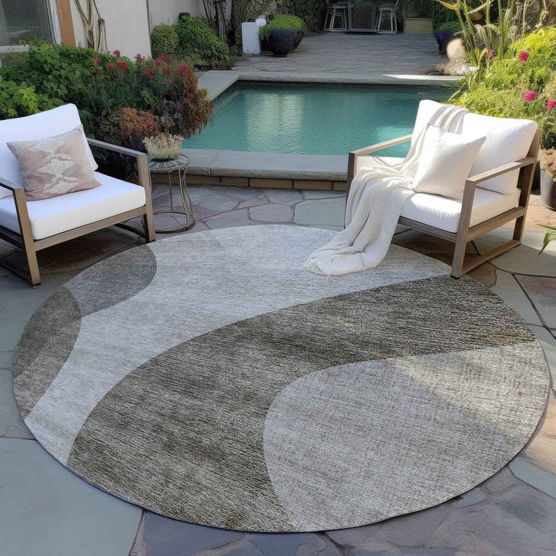 8' Taupe Beige And Chocolate Round Abstract Washable Indoor Outdoor Area Rug