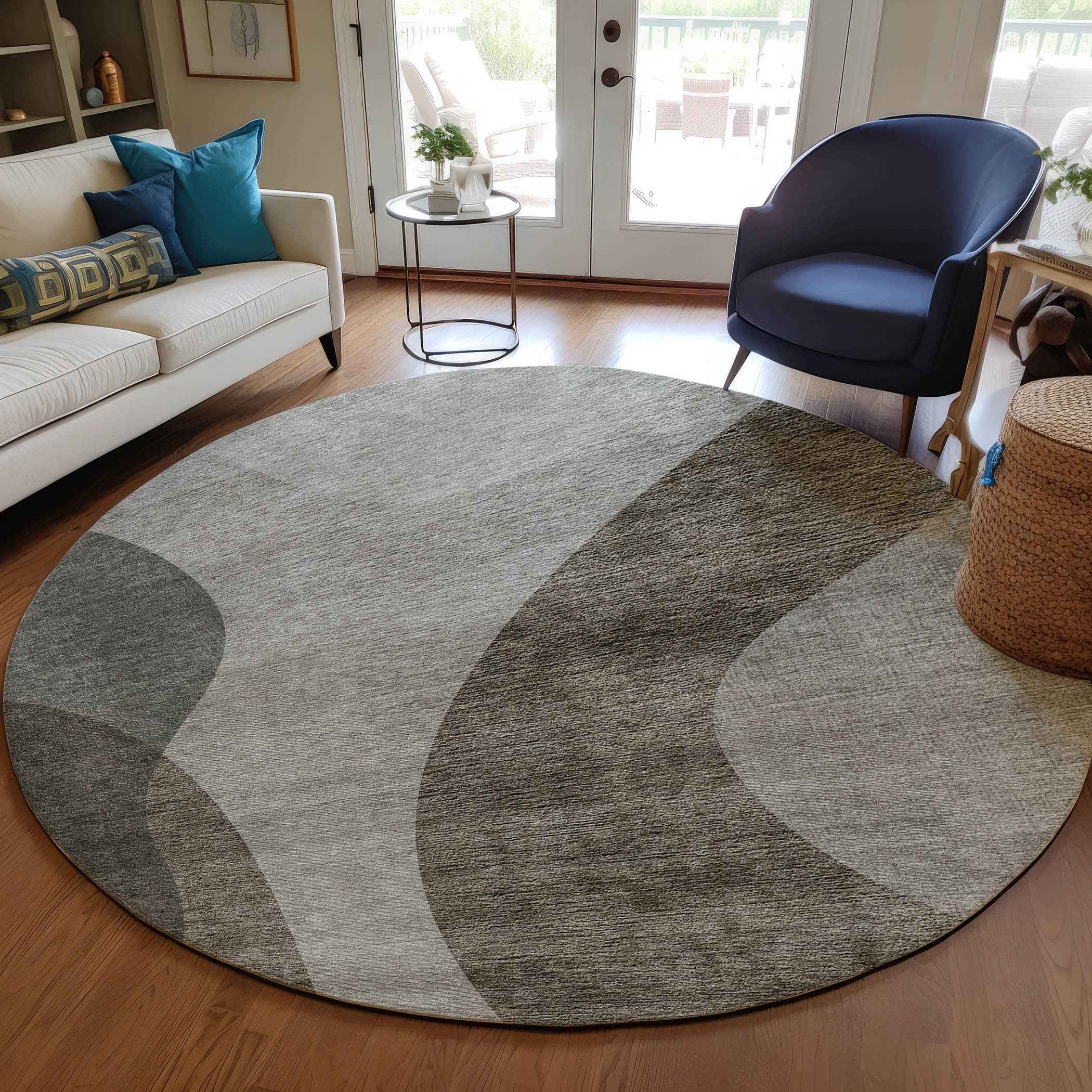 8' Taupe Beige And Chocolate Round Abstract Washable Indoor Outdoor Area Rug