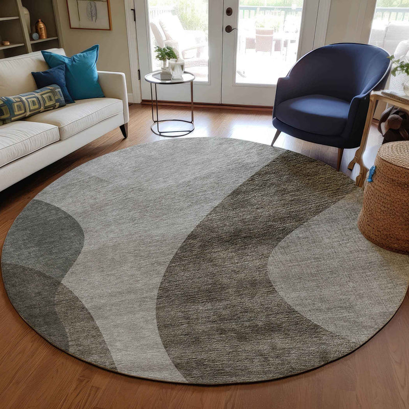 8' Taupe Beige And Chocolate Round Abstract Washable Indoor Outdoor Area Rug