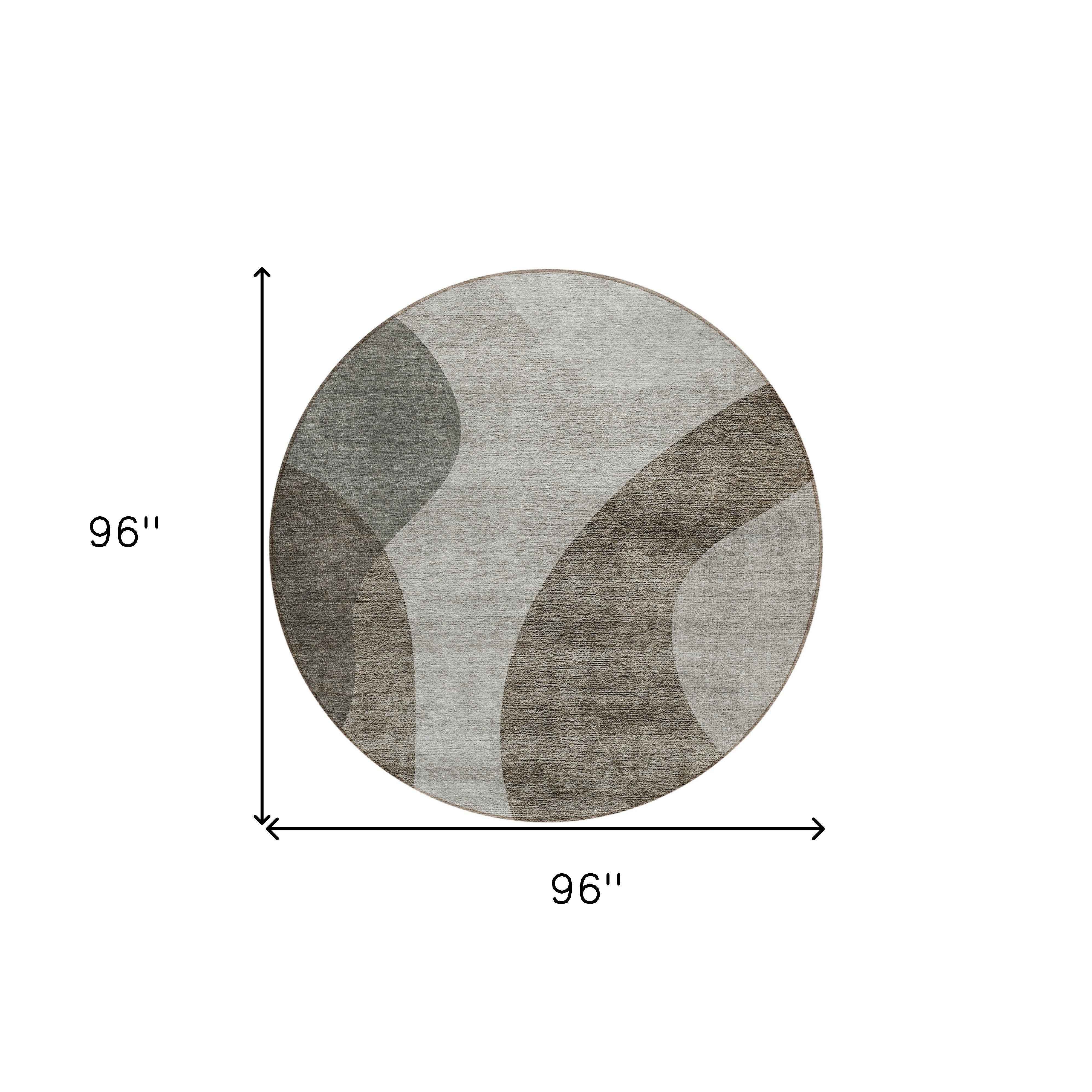 8' Taupe Beige And Chocolate Round Abstract Washable Indoor Outdoor Area Rug