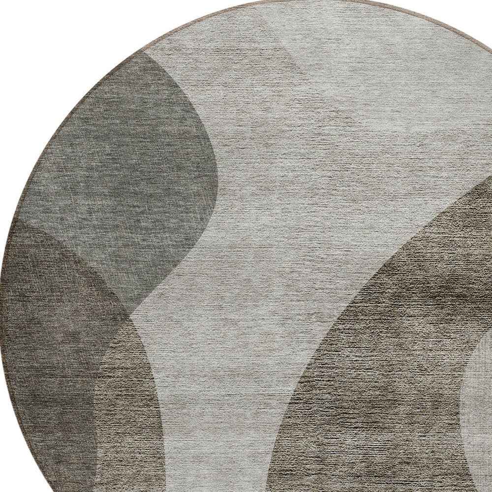 8' Taupe Beige And Chocolate Round Abstract Washable Indoor Outdoor Area Rug