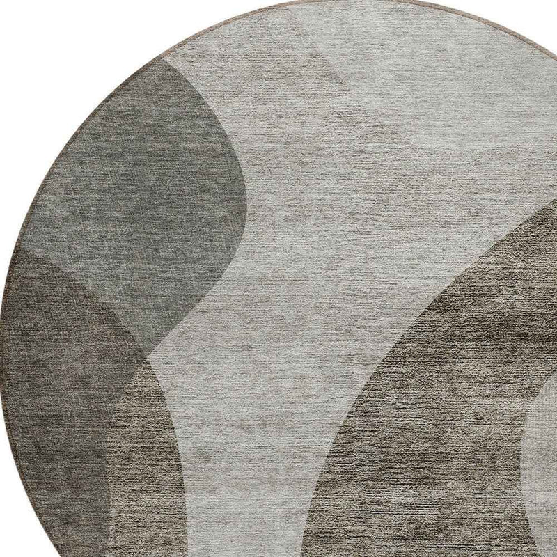 8' Taupe Beige And Chocolate Round Abstract Washable Indoor Outdoor Area Rug