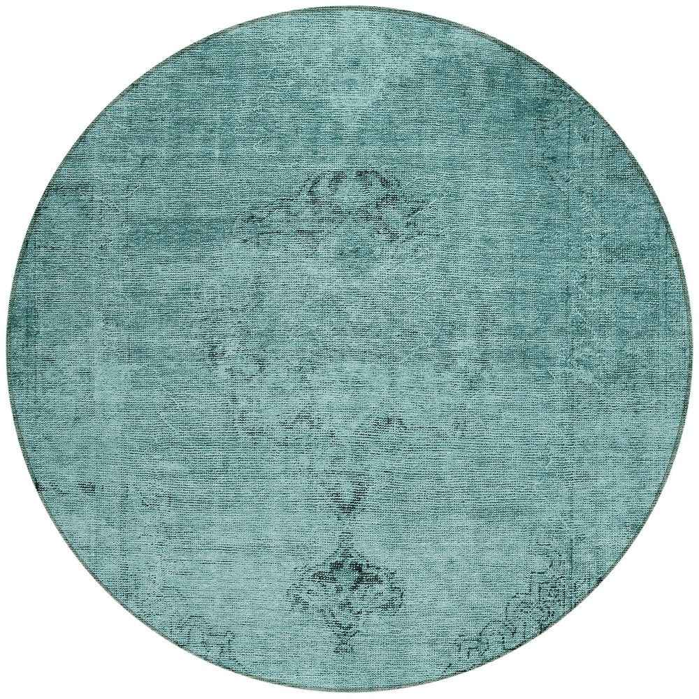 8' Teal Blue Turquoise And Charcoal Round Oriental Washable Indoor Outdoor Area Rug
