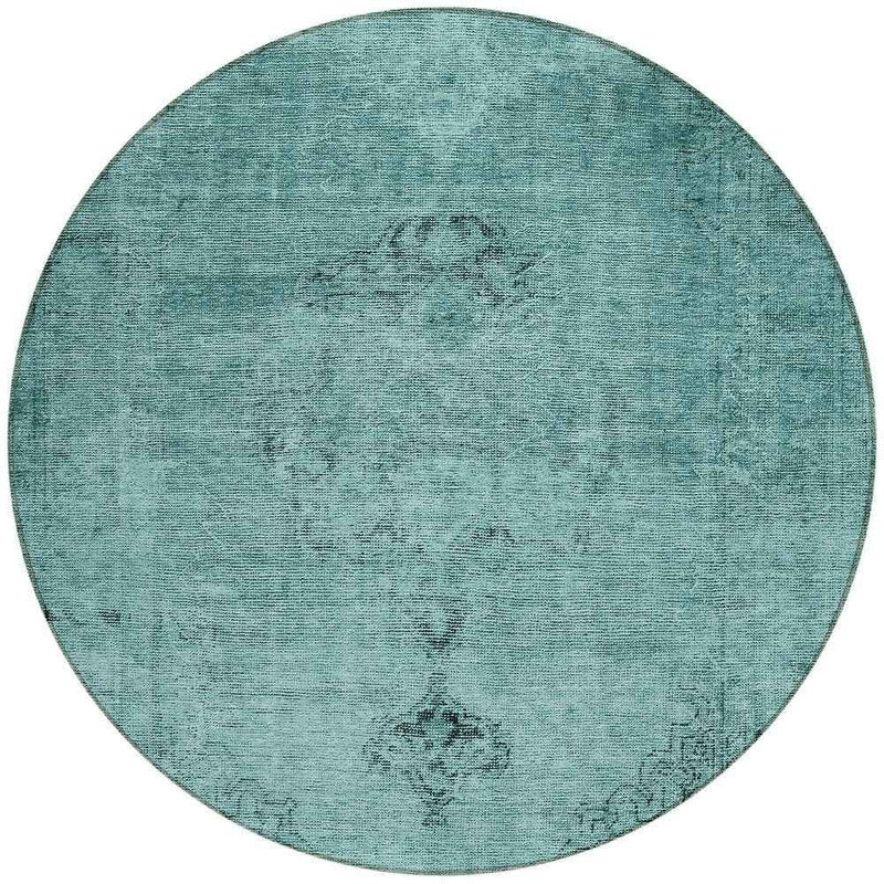 8' Teal Blue Turquoise And Charcoal Round Oriental Washable Indoor Outdoor Area Rug