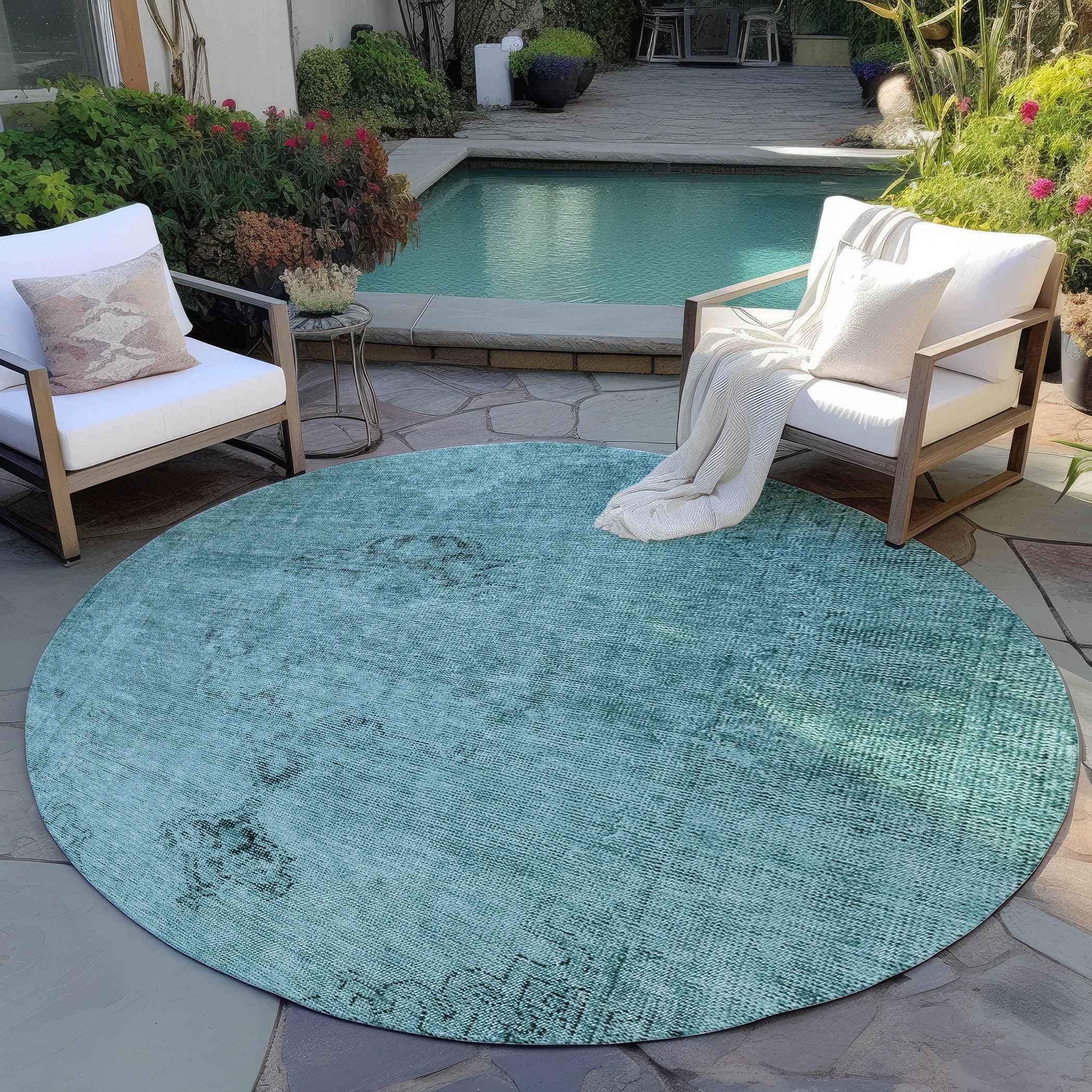 8' Teal Blue Turquoise And Charcoal Round Oriental Washable Indoor Outdoor Area Rug