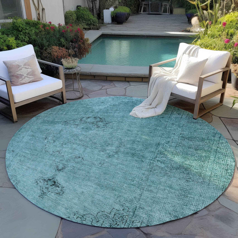 8' Teal Blue Turquoise And Charcoal Round Oriental Washable Indoor Outdoor Area Rug