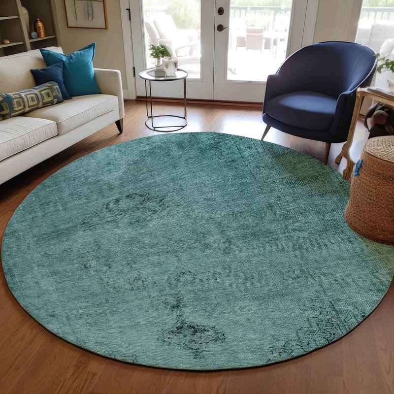 8' Teal Blue Turquoise And Charcoal Round Oriental Washable Indoor Outdoor Area Rug