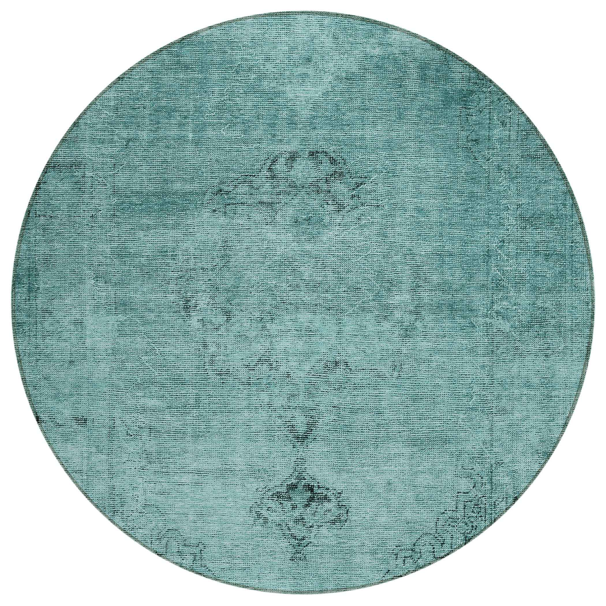 8' Teal Blue Turquoise And Charcoal Round Oriental Washable Indoor Outdoor Area Rug