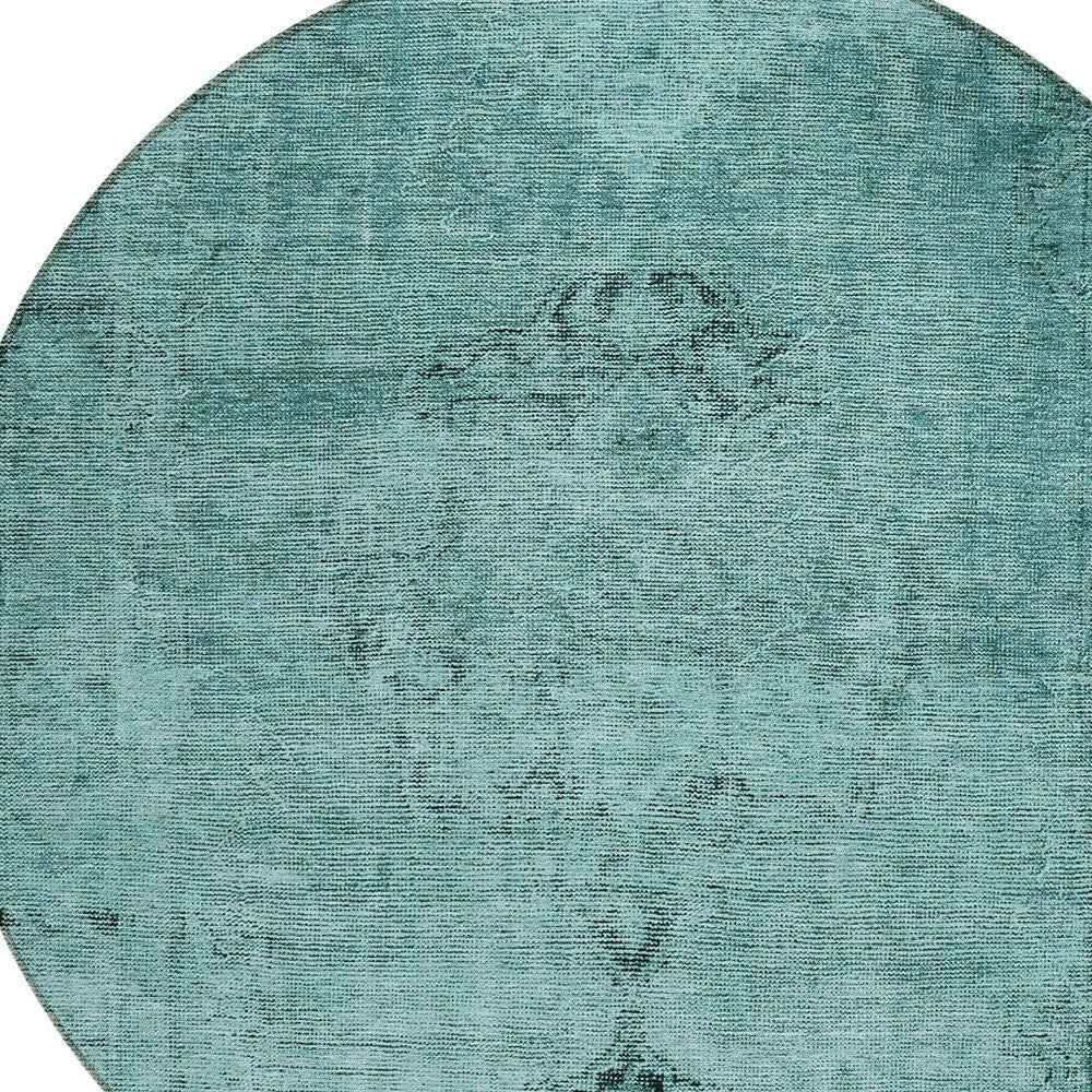 8' Teal Blue Turquoise And Charcoal Round Oriental Washable Indoor Outdoor Area Rug
