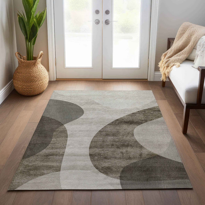 9' X 12' Taupe Beige And Chocolate Abstract Washable Indoor Outdoor Area Rug