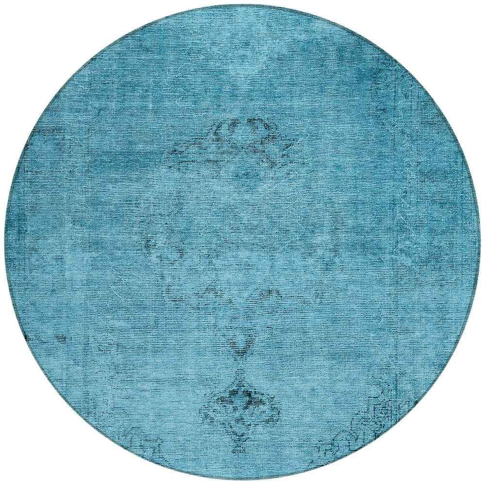 8' Denim Blue And Navy Blue Round Oriental Washable Indoor Outdoor Area Rug