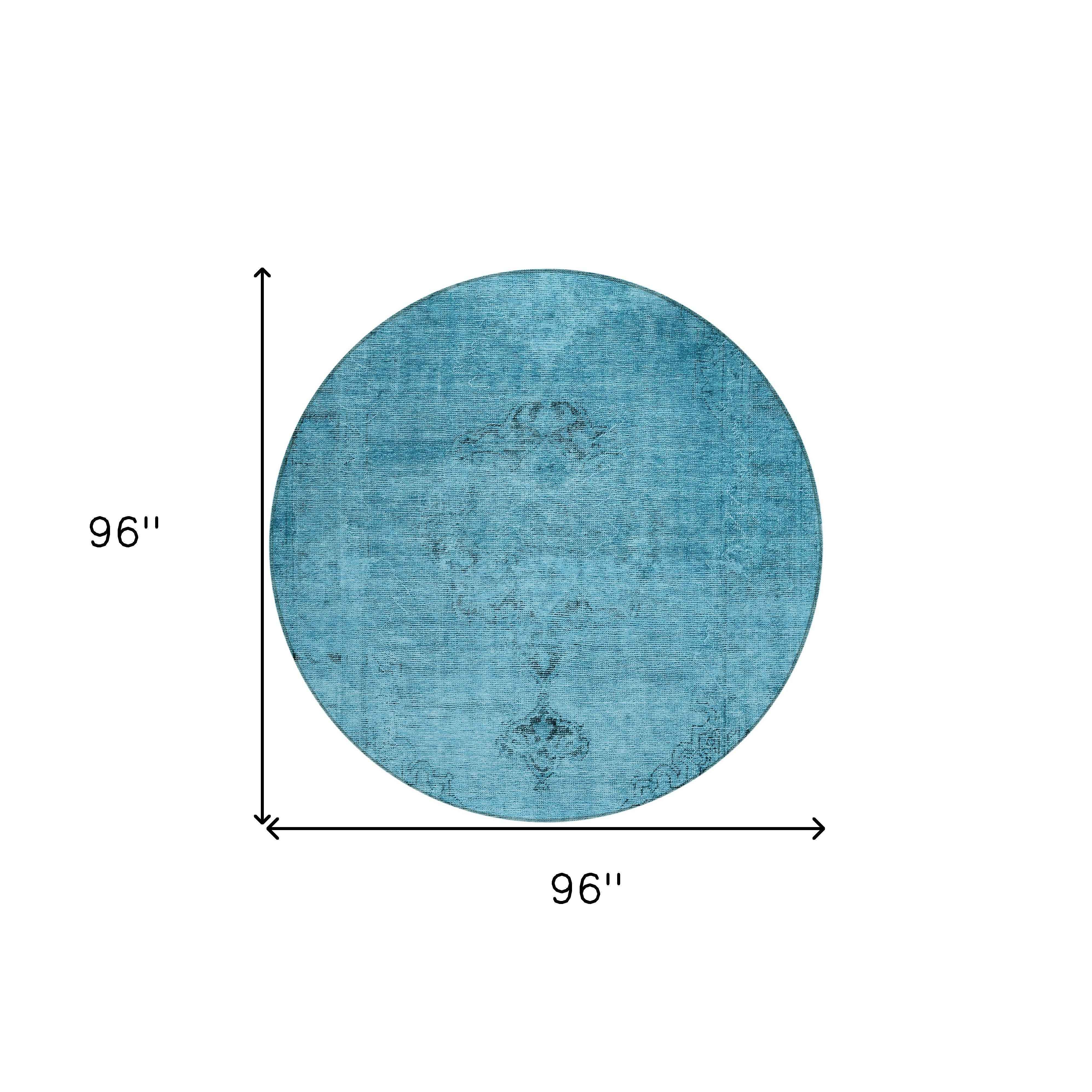 8' Denim Blue And Navy Blue Round Oriental Washable Indoor Outdoor Area Rug