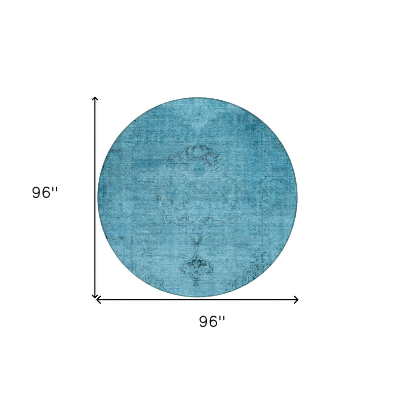 8' Denim Blue And Navy Blue Round Oriental Washable Indoor Outdoor Area Rug