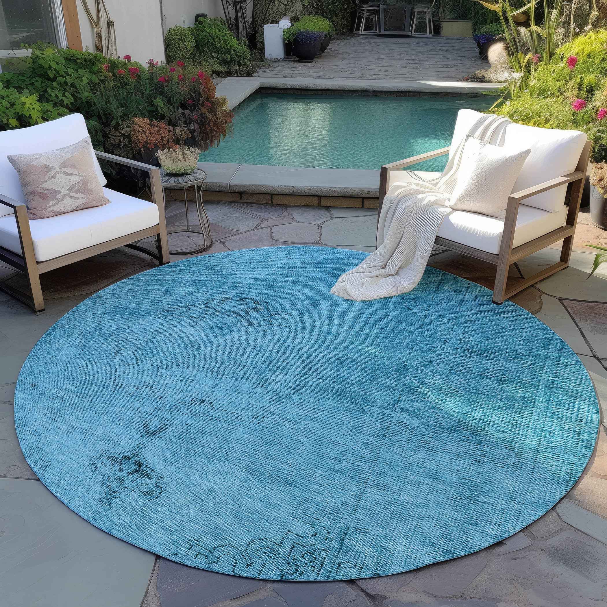 8' Denim Blue And Navy Blue Round Oriental Washable Indoor Outdoor Area Rug