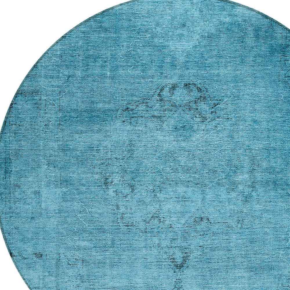 8' Denim Blue And Navy Blue Round Oriental Washable Indoor Outdoor Area Rug