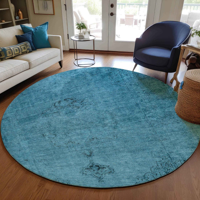 8' Denim Blue And Navy Blue Round Oriental Washable Indoor Outdoor Area Rug