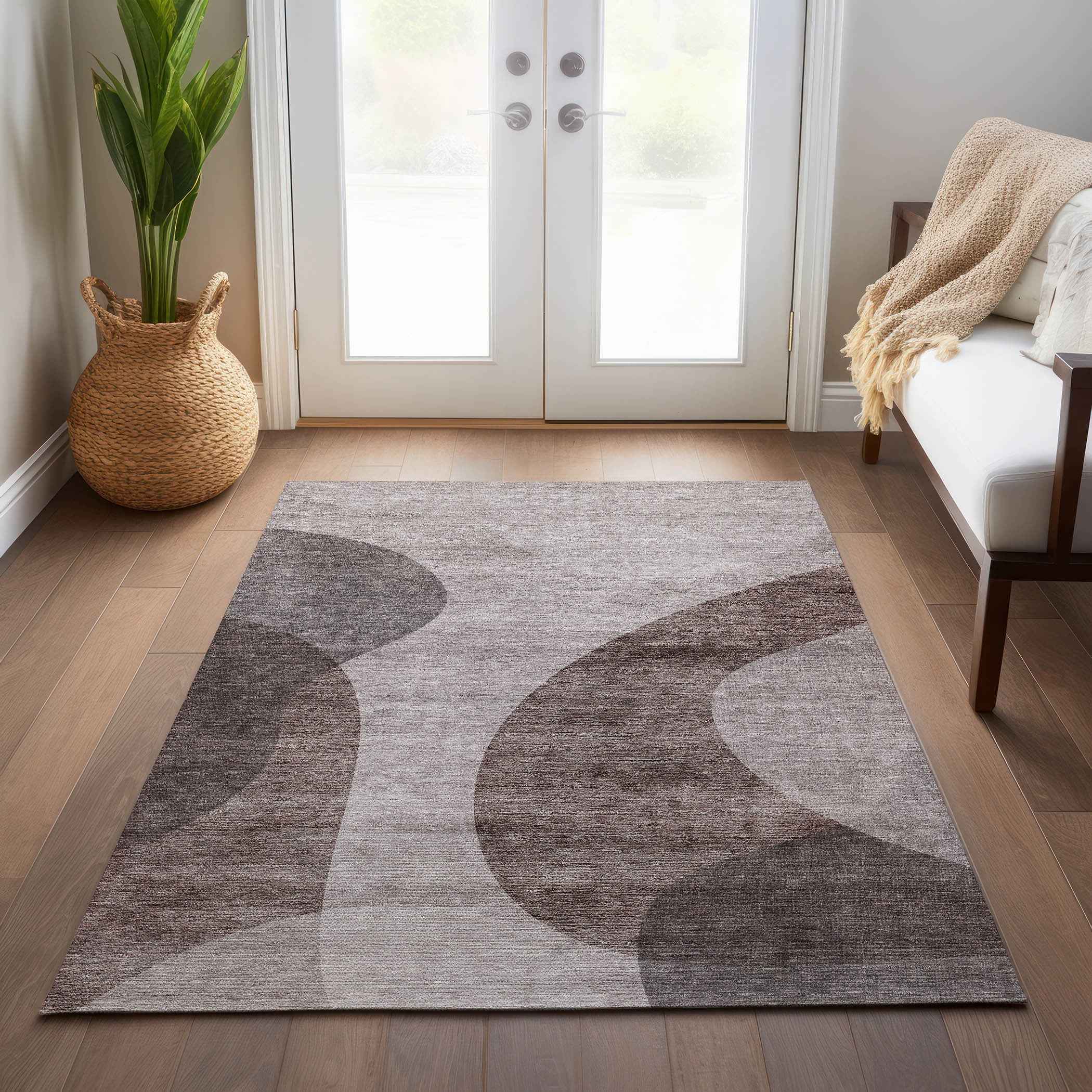 5' X 8' Brown Taupe And Beige Abstract Washable Indoor Outdoor Area Rug