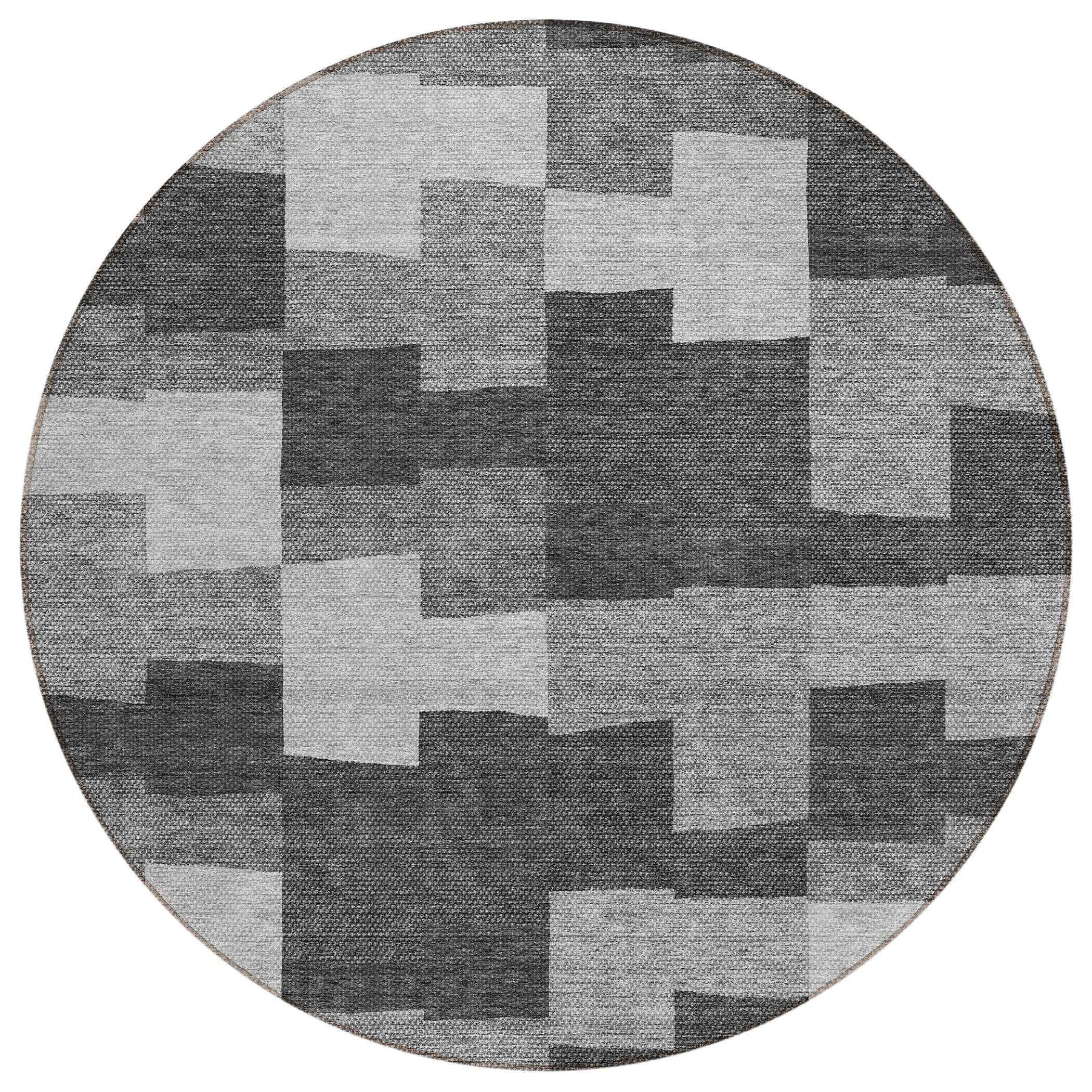 8' Gray Silver And Charcoal Round Geometric Washable Indoor Outdoor Area Rug