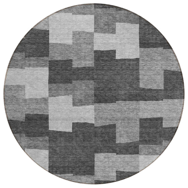 8' Gray Silver And Charcoal Round Geometric Washable Indoor Outdoor Area Rug