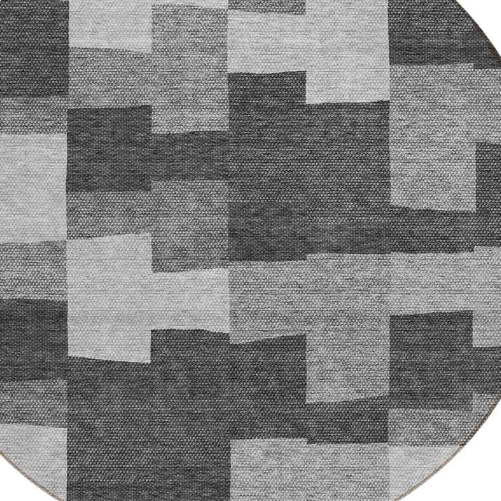 8' Gray Silver And Charcoal Round Geometric Washable Indoor Outdoor Area Rug