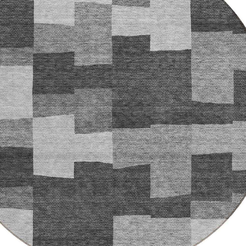 8' Gray Silver And Charcoal Round Geometric Washable Indoor Outdoor Area Rug