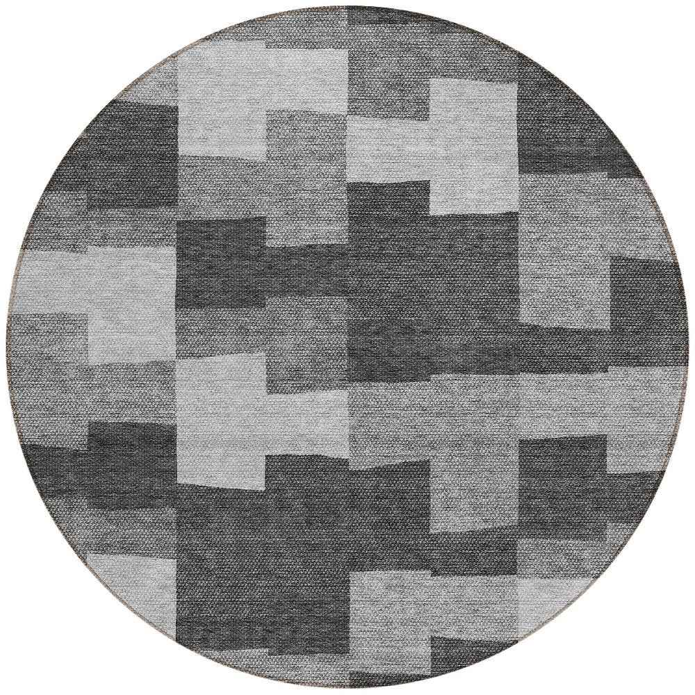 8' Gray Silver And Charcoal Round Geometric Washable Indoor Outdoor Area Rug