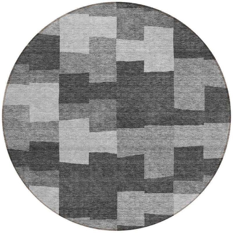 8' Gray Silver And Charcoal Round Geometric Washable Indoor Outdoor Area Rug